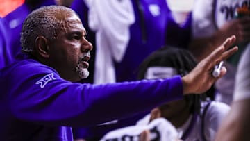 Mar 5, 2025; Cincinnati, Ohio, USA; Kansas State Wildcats head coach Jerome Tang talks to his team during a timeout in the first half against the Cincinnati Bearcats at Fifth Third Arena. Mandatory Credit: Katie Stratman-Imagn Images