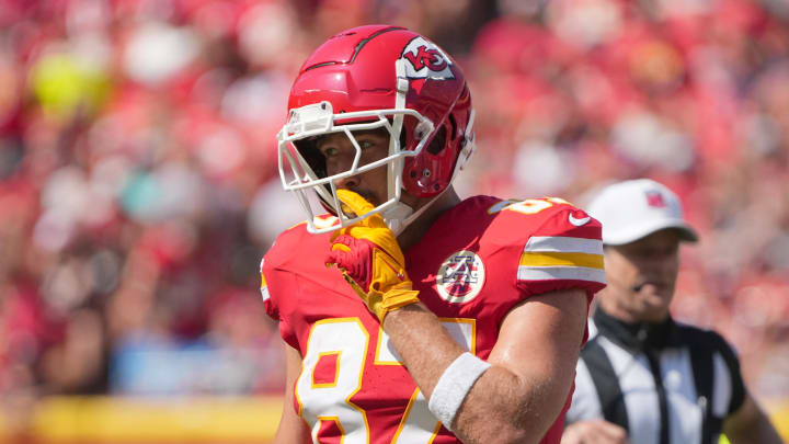 Aug 17, 2024; Kansas City, Missouri, USA; Kansas City Chiefs tight end Travis Kelce (87) celebrates after a play against the Detroit Lions during the first half at GEHA Field at Arrowhead Stadium. Mandatory Credit: Denny Medley-USA TODAY Sports