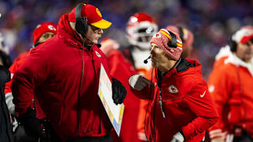 Jan 21, 2024; Orchard Park, New York, USA; Kansas City head coach Andy Reid (left) with defensive coordinator Steve Spagnuolo against the Buffalo Bills for the 2024 AFC divisional round game at Highmark Stadium. Mandatory Credit: Mark J. Rebilas-Imagn Images