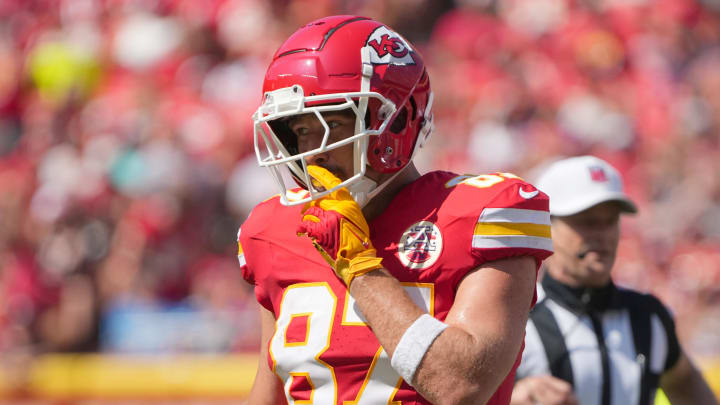 Kansas City Chiefs tight end Travis Kelce celebrates after a play against the Detroit Lions during the first half at GEHA Field at Arrowhead Stadium. 