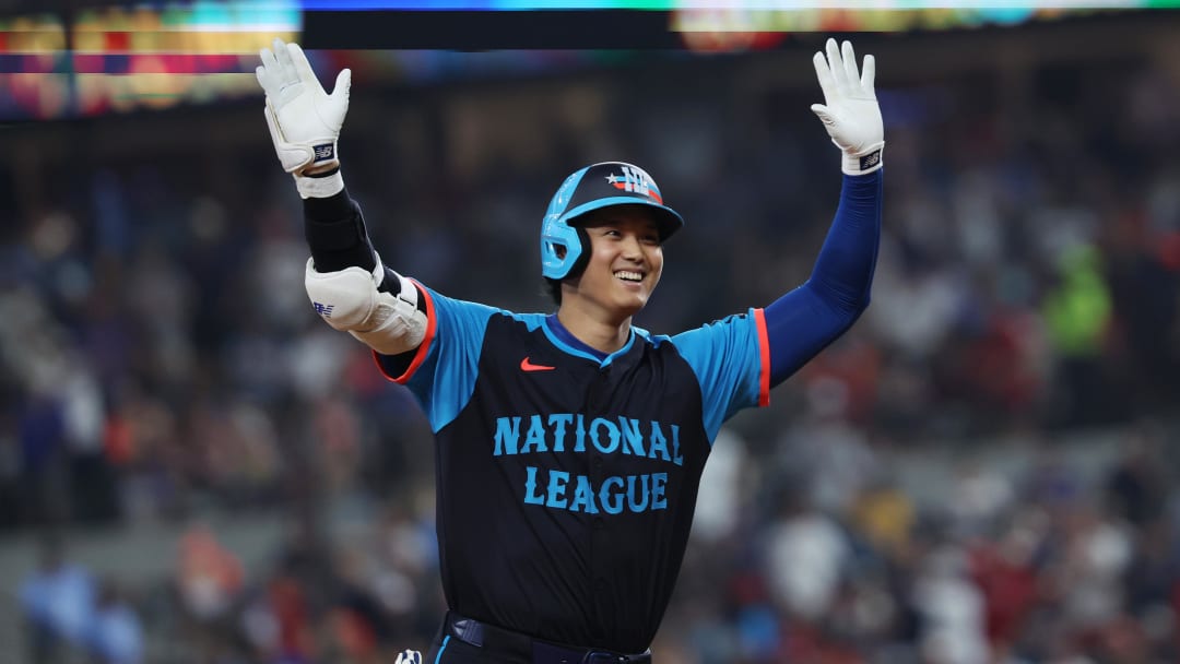 Jul 16, 2024; Arlington, Texas, USA; National League designated hitter Shohei Ohtani of the Los Angeles Dodgers (17) celebrates after hitting a three run home run in the third inning against the American League during the 2024 MLB All-Star game at Globe Life Field. Mandatory Credit: Kevin Jairaj-USA TODAY Sports