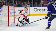 May 14, 2025; Toronto, Ontario, CAN; Florida Panthers goaltender Sergei Bobrovsky (72) makes a save against Toronto Maple Leafs forward Max Domi (11) during the first period of game five of the second round of the 2025 Stanley Cup Playoffs at Scotiabank Arena. Mandatory Credit: John E. Sokolowski-Imagn Images