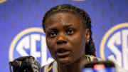 Oct 15, 2025; Birmingham, AL, USA; LSU Tigers guard MiLaysia Fulwiley talks with the media during SEC Media Days at Grand Bohemian Hotel. Mandatory Credit: Vasha Hunt-Imagn Images