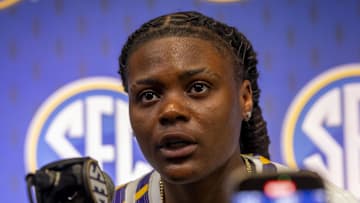 Oct 15, 2025; Birmingham, AL, USA; LSU Tigers guard MiLaysia Fulwiley talks with the media during SEC Media Days at Grand Bohemian Hotel. Mandatory Credit: Vasha Hunt-Imagn Images