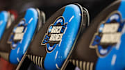 Mar 26, 2025; Newark, NJ, USA; General view of a NCAA March Madness logo on sideline seats during a practice sessions in preparation for an East Regional semifinal games at Prudential Center. Mandatory Credit: Vincent Carchietta-Imagn Images