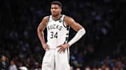 Oct 27, 2024; Brooklyn, New York, USA;  Milwaukee Bucks forward Giannis Antetokounmpo (34) at Barclays Center. Mandatory Credit: Wendell Cruz-Imagn Images
