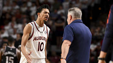Mar 4, 2025; College Station, Texas, USA; Auburn Tigers guard Chad Baker-Mazara (10) reacts during the first half against the Texas A&M Aggies at Reed Arena. Mandatory Credit: Maria Lysaker-Imagn Images 