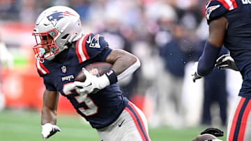Sep 7, 2025; Foxborough, Massachusetts, USA; New England Patriots wide receiver DeMario Douglas (3) makes a catch against the Las Vegas Raiders during the second half at Gillette Stadium. Mandatory Credit: Brian Fluharty-Imagn Images