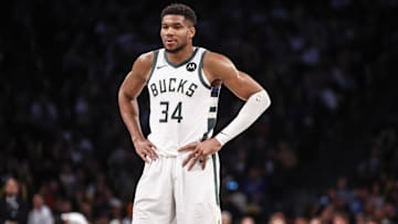 Oct 27, 2024; Brooklyn, New York, USA;  Milwaukee Bucks forward Giannis Antetokounmpo (34) at Barclays Center. Mandatory Credit: Wendell Cruz-Imagn Images