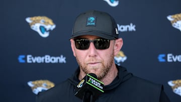 Jul 25, 2025; Jacksonville, FL, USA; Jacksonville Jaguars head coach Liam Coen talks to media after training camp at Miller Electric Center. Mandatory Credit: Nathan Ray Seebeck-Imagn Images