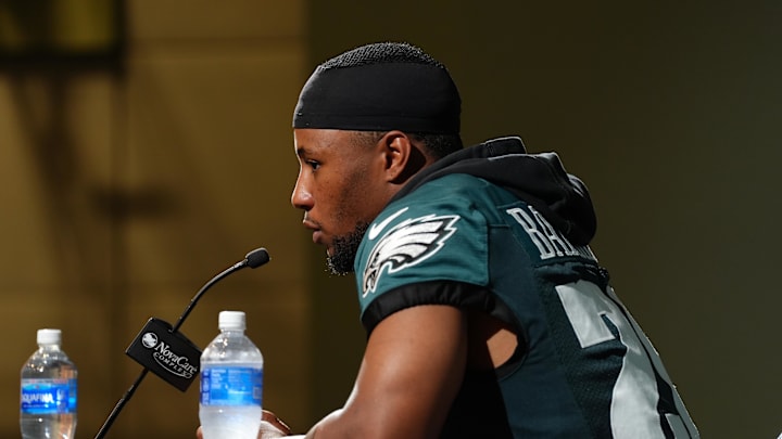 Jun 10, 2025; Philadelphia, PA, USA; Philadelphia Eagles running back Saquon Barkley (26) addresses media during a press conference at NovaCare Complex. Mandatory Credit: Kyle Ross-Imagn Images Jun 10, 2025; Philadelphia, PA, USA; Philadelphia Eagles running back Saquon Barkley (26) addresses media during a press conference at NovaCare Complex. Mandatory Credit: Kyle Ross-Imagn Images
