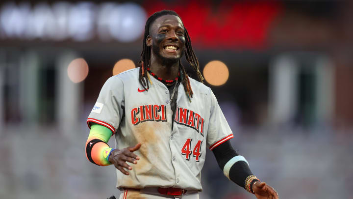 Jul 22, 2024; Atlanta, Georgia, USA; Cincinnati Reds shortstop Elly De La Cruz (44) reacts after a play against the Atlanta Braves in the fifth inning at Truist Park. Mandatory Credit: Brett Davis-USA TODAY Sports