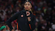 Team Collier forward Angel Reese (5) looks on before the 2025 WNBA All Star Game at Gainbridge Fieldhouse.