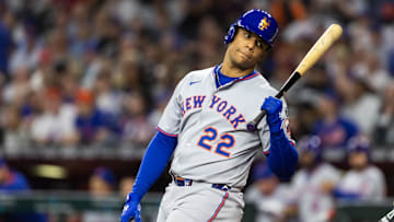 May 5, 2025; Phoenix, Arizona, USA; New York Mets outfielder Juan Soto reacts in the fourth inning against the Arizona Diamondbacks at Chase Field. Mandatory Credit: Mark J. Rebilas-Imagn Images