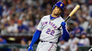 New York Mets outfielder Juan Soto reacts in the fourth inning against the Arizona Diamondbacks.