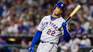 New York Mets outfielder Juan Soto reacts in the fourth inning against the Arizona Diamondbacks.