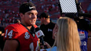 Georgia quarterback Gunner Stockton (14) speaks with the media after a NCAA college football game against Marshall in Athens, Ga., on Saturday, August. 30, 2025. Georgia won 45-7.