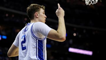 Mar 29, 2025; Newark, NJ, USA; Duke Blue Devils forward Cooper Flagg (2) reacts after a play during the second half against the Alabama Crimson Tide in the East Regional final of the 2025 NCAA tournament at Prudential Center. Mandatory Credit: Vincent Carchietta-Imagn Images