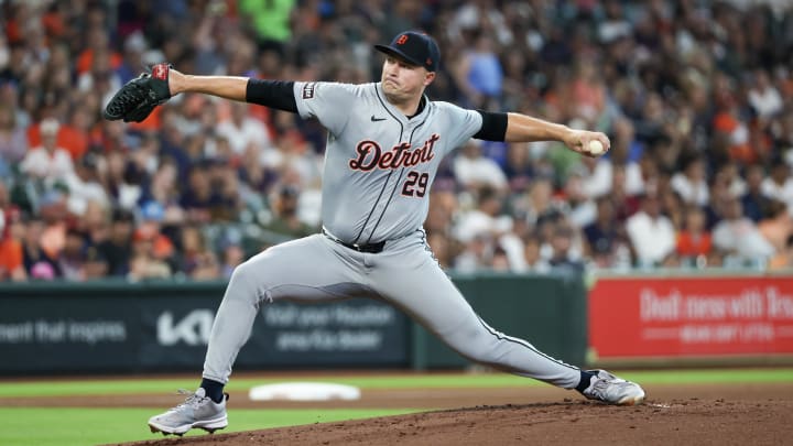 Jun 14, 2024; Houston, Texas, USA; Detroit Tigers starting pitcher Tarik Skubal (29) pitches against the Houston Astros in the first inning at Minute Maid Park.