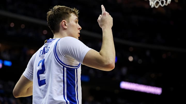 Mar 29, 2025; Newark, NJ, USA; Duke basketball forward Cooper Flagg (2) reacts after a play during the second half against the Alabama Crimson Tide in the East Regional final of the 2025 NCAA tournament at Prudential Center.