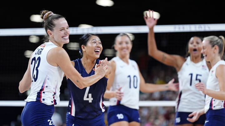 Aug 4, 2024; Paris, France; United States outside hitter Kelsey Robinson (23) and libero Justine Wong-Orantes (4) reacts after a play against France in a pool A match during the Paris 2024 Olympic Summer Games at South Paris Arena 1.