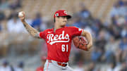 Mar 4, 2025; Phoenix, Arizona, USA; Cincinnati Reds pitcher Chase Petty against the Los Angeles Dodgers during a spring training game at Camelback Ranch-Glendale. Mandatory Credit: Mark J. Rebilas-Imagn Images