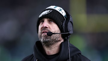 Jan 12, 2025; Philadelphia, Pennsylvania, USA; Philadelphia Eagles head coach Nick Sirianni reacts during the game against the Green Bay Packers in an NFC wild card game at Lincoln Financial Field. Mandatory Credit: Bill Streicher-Imagn Images