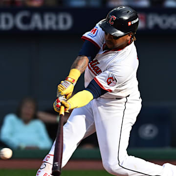 Oct 2, 2025; Cleveland, Ohio, USA; Cleveland Guardians third baseman Jose Ramirez (11) hits a RBI single in the fourth inning against the Detroit Tigers during game three of the Wildcard round for the 2025 MLB playoffs at Progressive Field. Mandatory Credit: Ken Blaze-Imagn Images