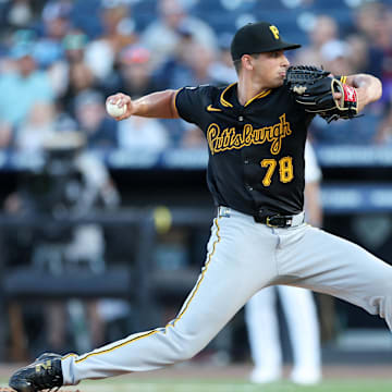 Apr 1, 2025; St. Petersburg, Florida, USA; Pittsburgh Pirates starting pitcher Thomas Harrington (78) throws a pitch against the Tampa Bay Rays in the first inning at George M. Steinbrenner Field. Mandatory Credit: Nathan Ray Seebeck-Imagn Images