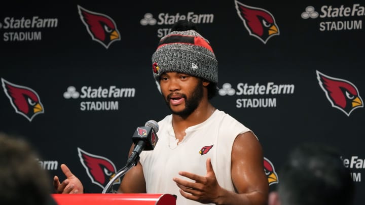 Arizona Cardinals quarterback Kyler Murray (1) speaks to the media during training camp at State Farm Stadium in Glendale, Ariz., on Monday, July 29, 2024.