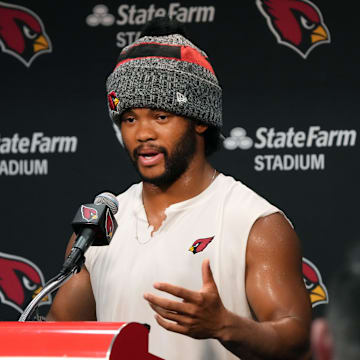 Arizona Cardinals quarterback Kyler Murray (1) speaks to the media during training camp at State Farm Stadium in Glendale, Ariz., on Monday, July 29, 2024.