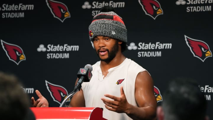 Arizona Cardinals quarterback Kyler Murray (1) speaks to the media during training camp at State Farm Stadium in Glendale, Ariz., on Monday, July 29, 2024.