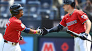 Aug 3, 2025; Cleveland, Ohio, USA; Cleveland Guardians third baseman Jose Ramirez (11) celebrates with first baseman Kyle Manzardo (9) after hitting a home run during the first inning against the Minnesota Twins at Progressive Field. Mandatory Credit: Ken Blaze-Imagn Images