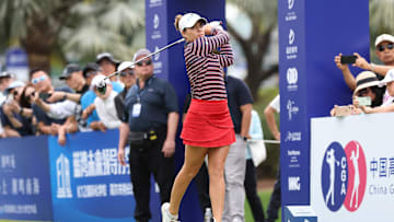 Gaby López tees off during the third round of the 2025 Blue Bay LPGA in Hainan Island, Hainan, People's Republic of China