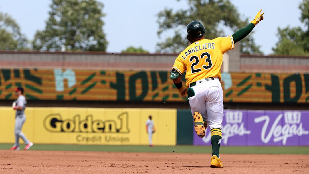 May 2, 2026; West Sacramento, California, USA; Athletics catcher Shea Langeliers (23) reacts after hitting a tow-run home run against the Cleveland Guardians during the first inning at Sutter Health Park. Mandatory Credit: Dennis Lee-Imagn Images