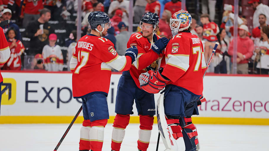 Florida Panthers celebrate the win against the Carolina Hurricanes in Game 3 of the Eastern Conference Final | Sam Navarro-Imagn Images
