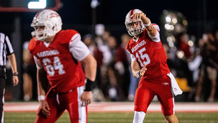 Dallas Center-Grimes Chase Engel (15) throws the ball during the second quarter against Dowling Catholic on Sept. 12, 2025, at Dallas Center-Grimes High School.