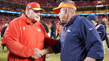 Oct 12, 2023; Kansas City, Missouri, USA; Kansas City Chiefs head coach Andy Reid shakes hands with Denver Broncos head coach Sean Payton after the game at GEHA Field at Arrowhead Stadium.