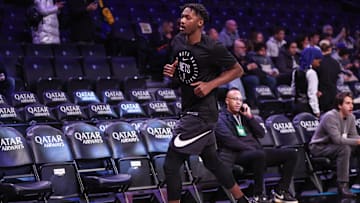 Dec 27, 2024; Brooklyn, New York, USA; Brooklyn Nets forward Dorian Finney-Smith (28) warms up prior to the game against the San Antonio Spurs at Barclays Center. Mandatory Credit: Wendell Cruz-Imagn Images