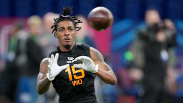 Mar 1, 2025; Indianapolis, IN, USA; Miami wideout Jacolby George (WO15) during the 2025 NFL Combine at Lucas Oil Stadium. Mandatory Credit: Kirby Lee-Imagn Images