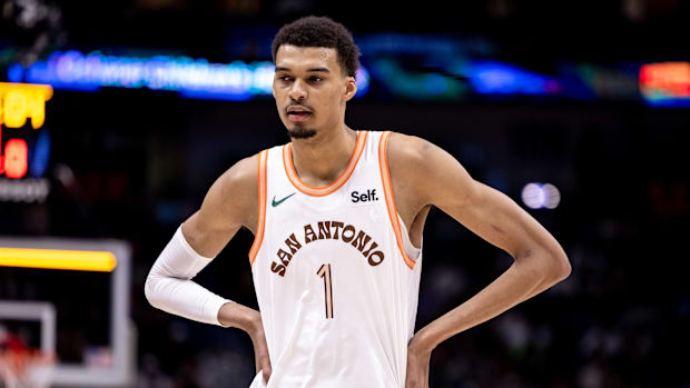 Apr 5, 2024; New Orleans, Louisiana, USA; San Antonio Spurs center Victor Wembanyama (1) looks on against the New Orleans.