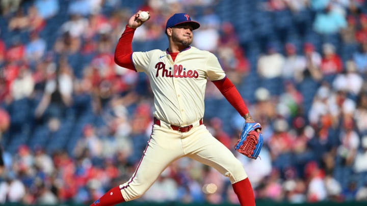 Aug 28, 2024; Philadelphia, Pennsylvania, USA; Philadelphia Phillies starting pitcher Taijuan Walker (99) throws a pitch against the Houston Astros in the first inning at Citizens Bank Park. Mandatory Credit: Kyle Ross-USA TODAY Sports