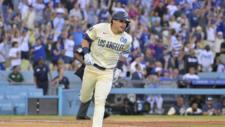 Jul 20, 2024; Los Angeles, California, USA;  Los Angeles Dodgers third baseman Enrique Hernandez (8) rounds the bases on a two-run home run in the seventh inning against the Boston Red Sox at Dodger Stadium. Mandatory Credit: Jayne Kamin-Oncea-USA TODAY Sports