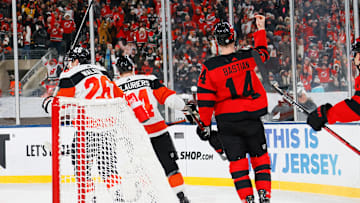 Nathan Bastian (Former Devils forward #14) doing the "Tommy DeVito" celebration during the 2024 Navy Federal Credit Union Stadium Series at MetLife Stadium