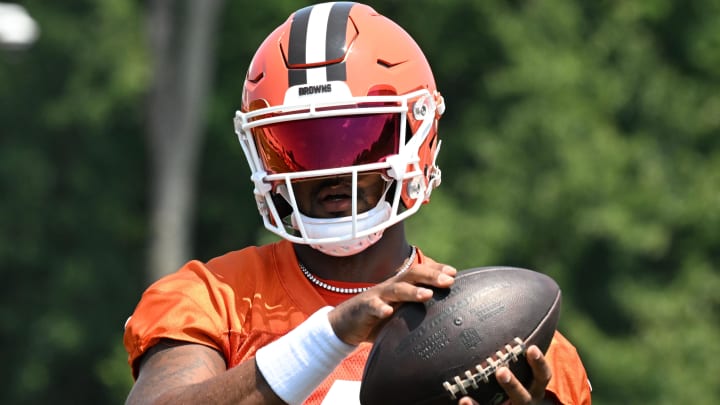 Aug 4, 2024; Cleveland Browns quarterback Deshaun Watson (4) during practice at the Browns training facility in Berea, Ohio.