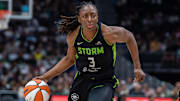 Jun 27, 2025; Seattle, Washington, USA;  Seattle Storm forward Nneka Ogwumike (3) dribbles the ball against the Connecticut Sun at Climate Pledge Arena. Mandatory Credit: Stephen Brashear-Imagn Images