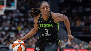 Jun 27, 2025; Seattle, Washington, USA;  Seattle Storm forward Nneka Ogwumike (3) dribbles the ball against the Connecticut Sun at Climate Pledge Arena. Mandatory Credit: Stephen Brashear-Imagn Images