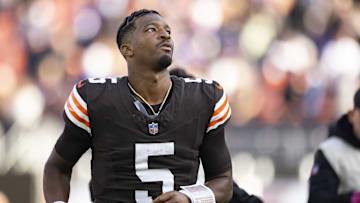 Oct 27, 2024; Cleveland, Ohio, USA; Cleveland Browns quarterback Jameis Winston (5) runs back to the locker room after defeating the Baltimore Ravens at Huntington Bank Field. Mandatory Credit: Scott Galvin-Imagn Images