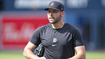 Jul 28, 2022; Toronto, Ontario, CAN; Detroit Tigers relief pitcher Michael Fulmer (32) walks towards the dugout against the Toronto Blue Jays during batting practice at Rogers Centre.
