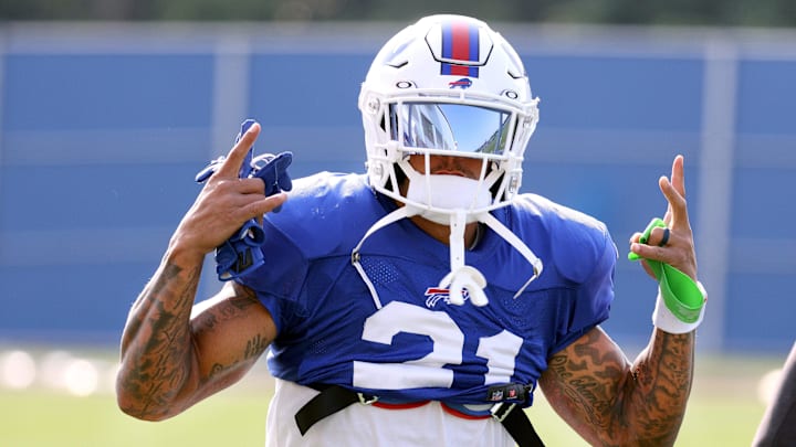 Bills safety Jordan Poyer shares a laugh at the start of practice